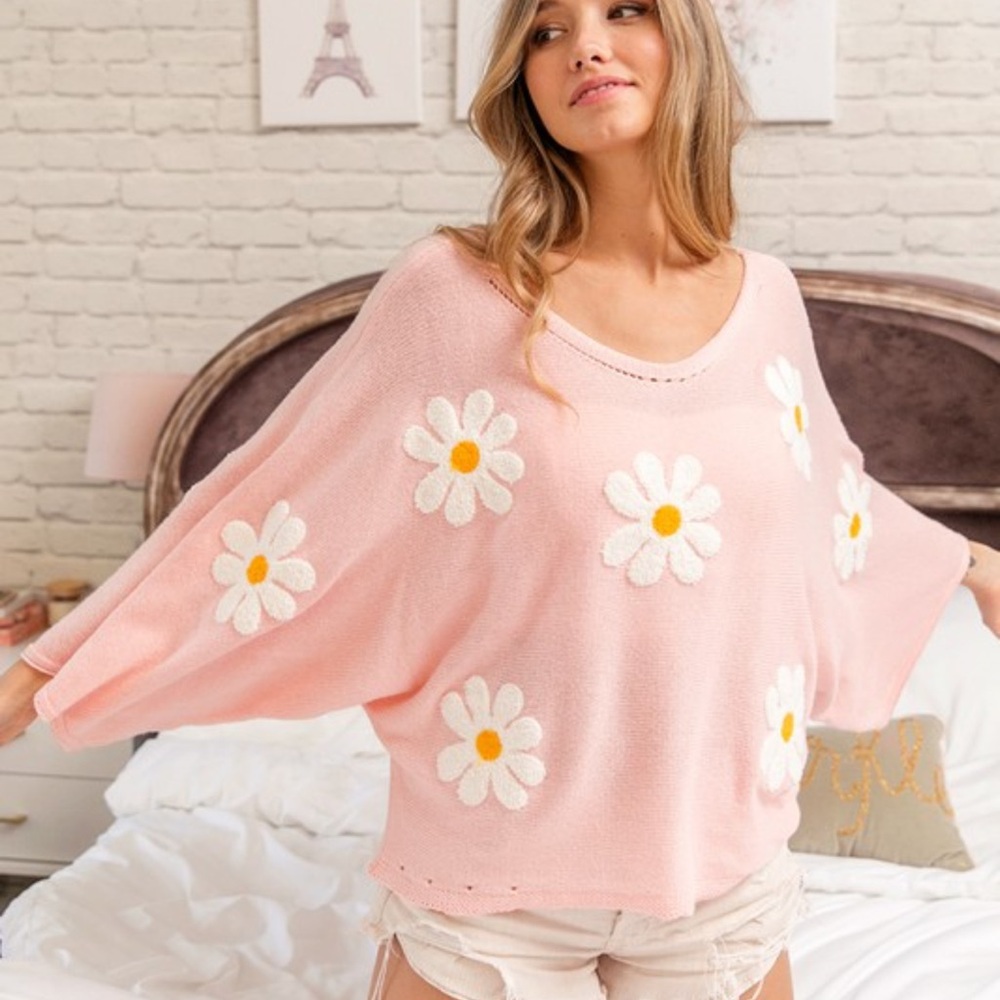 New Fabulous Boho Flower Embroidery Loose Fit Knit Top - Picture 5 of 9